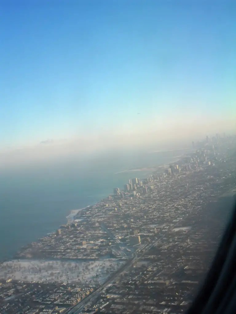 Chicago from the plane Lake Michigan