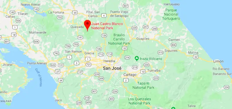 Localisation parc Juan Castro Blanco sur carte du Costa Rica